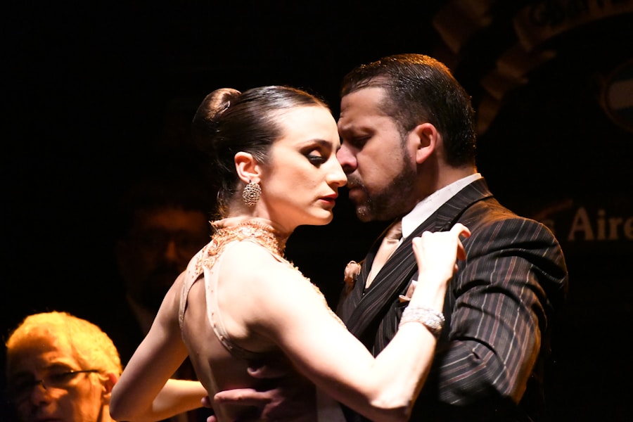 Couple dancing tango with passion in a milonga