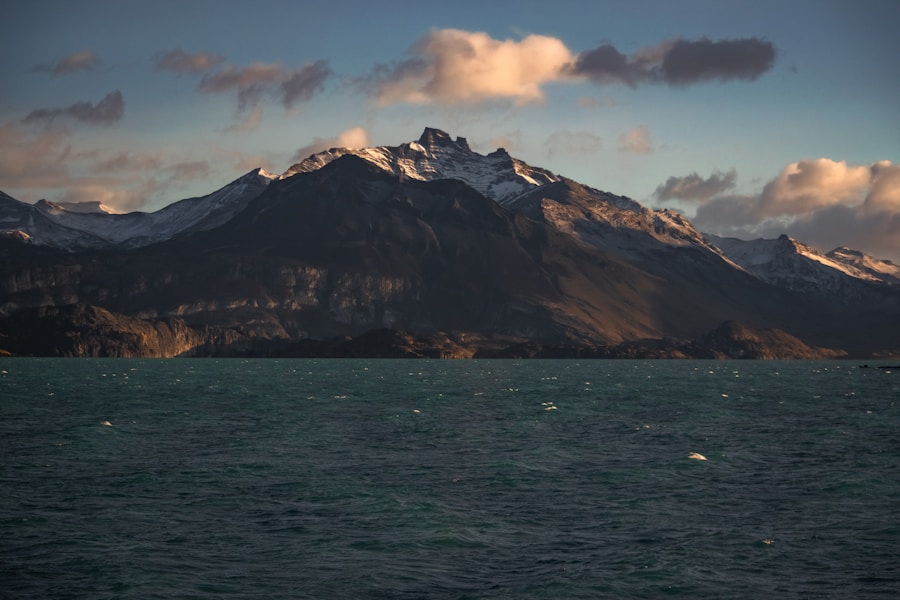Patagonian lake reflecting snowy Andean peaks