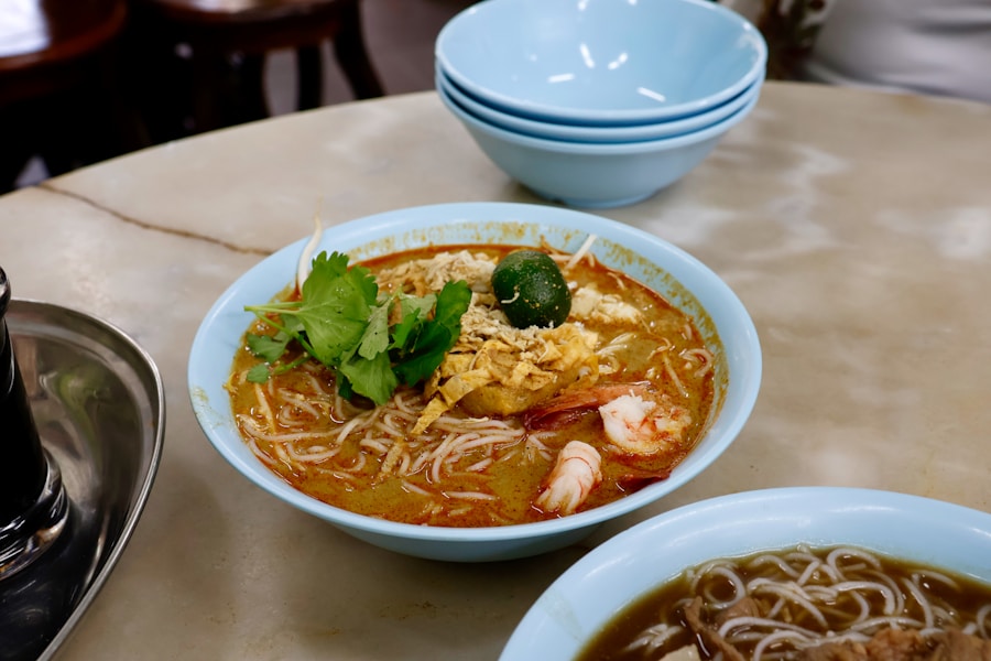 Steaming bowl of Malaysian laksa with noodles and shrimp