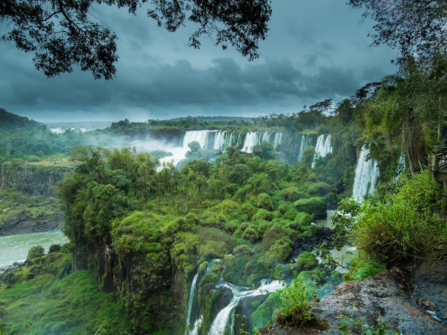 Iguazu Falls thundering under a bright blue sky