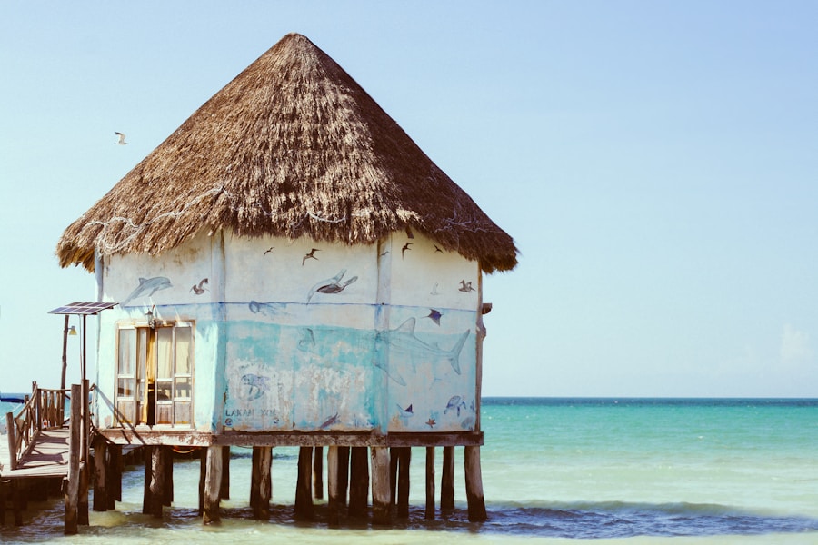 Wooden stilt house on a quiet tropical beach