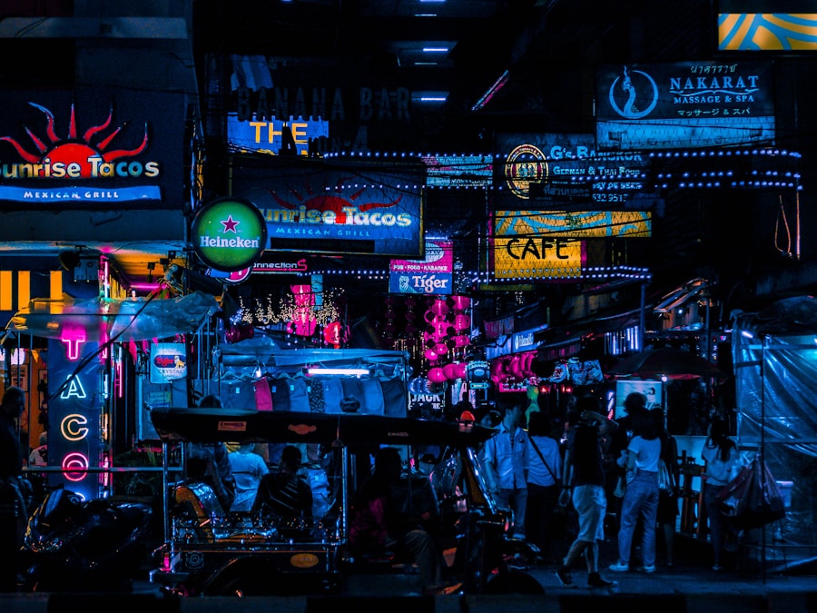Bangkok street market bustling with food stalls at night