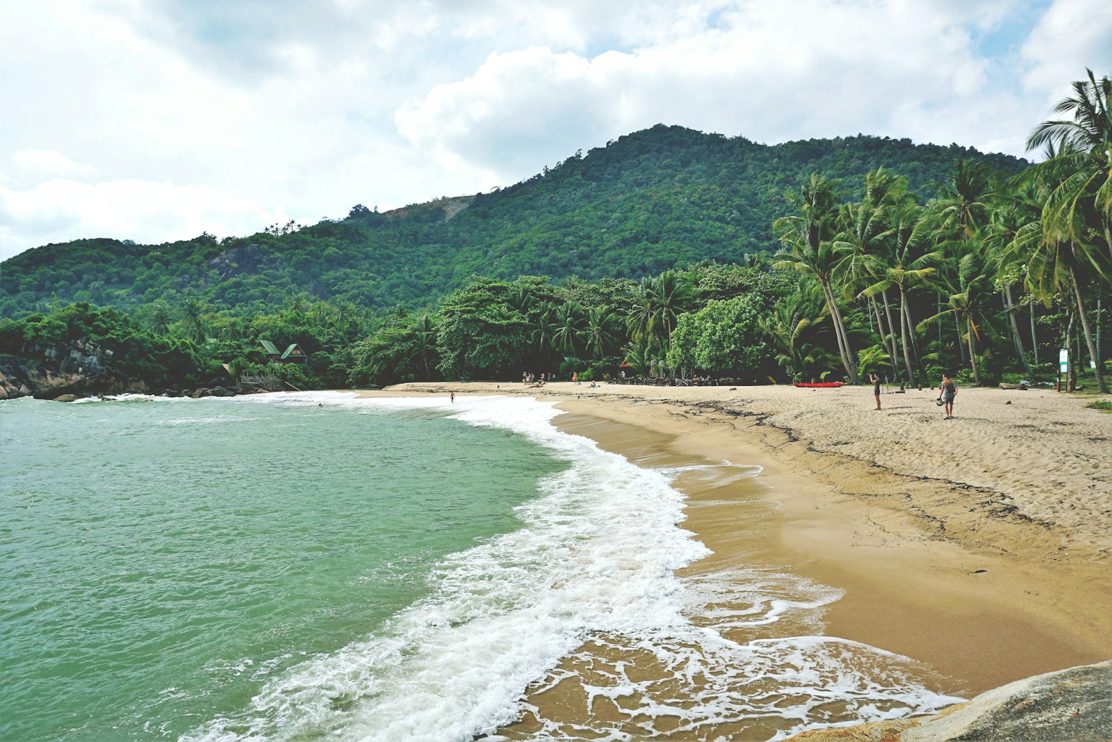 Tropical sandy beach beside a jungle-covered mountain at Koh Phangan