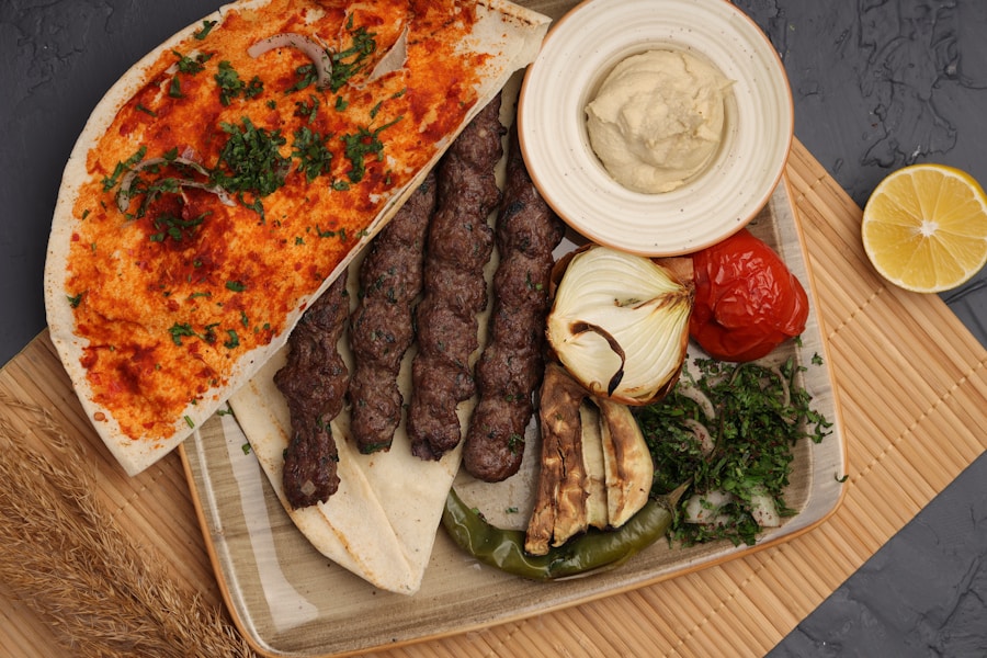 Grilled Middle Eastern meat skewers with flatbread and vegetables