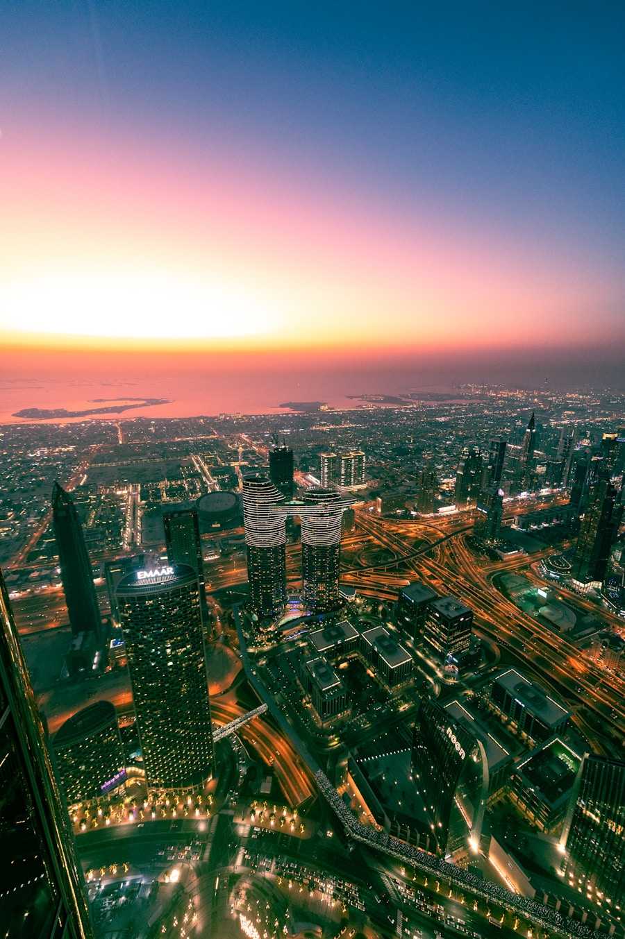 Dubai marina skyline glowing in a soft sunset