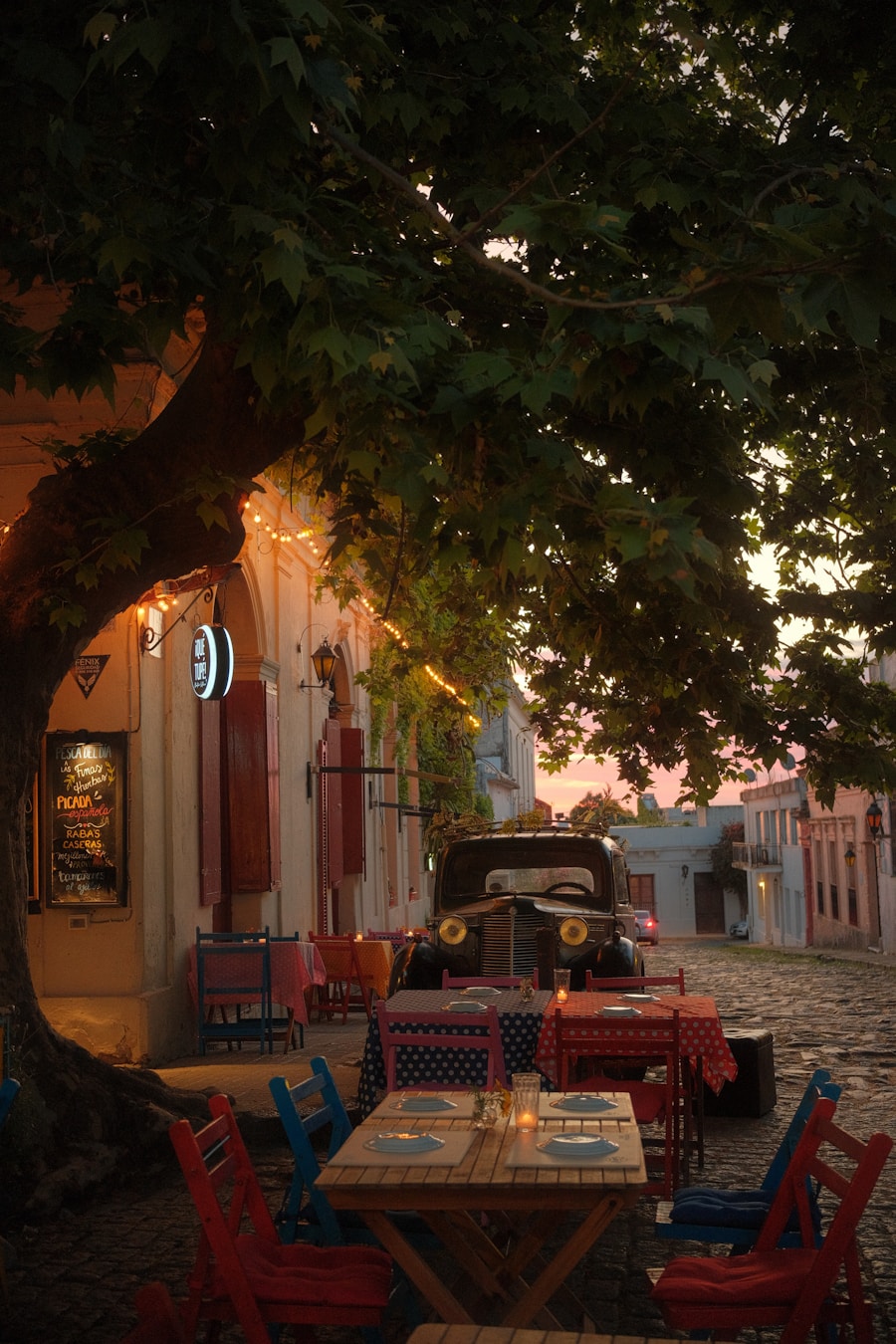 Cosy café terrace with string lights and colourful tables under a tree