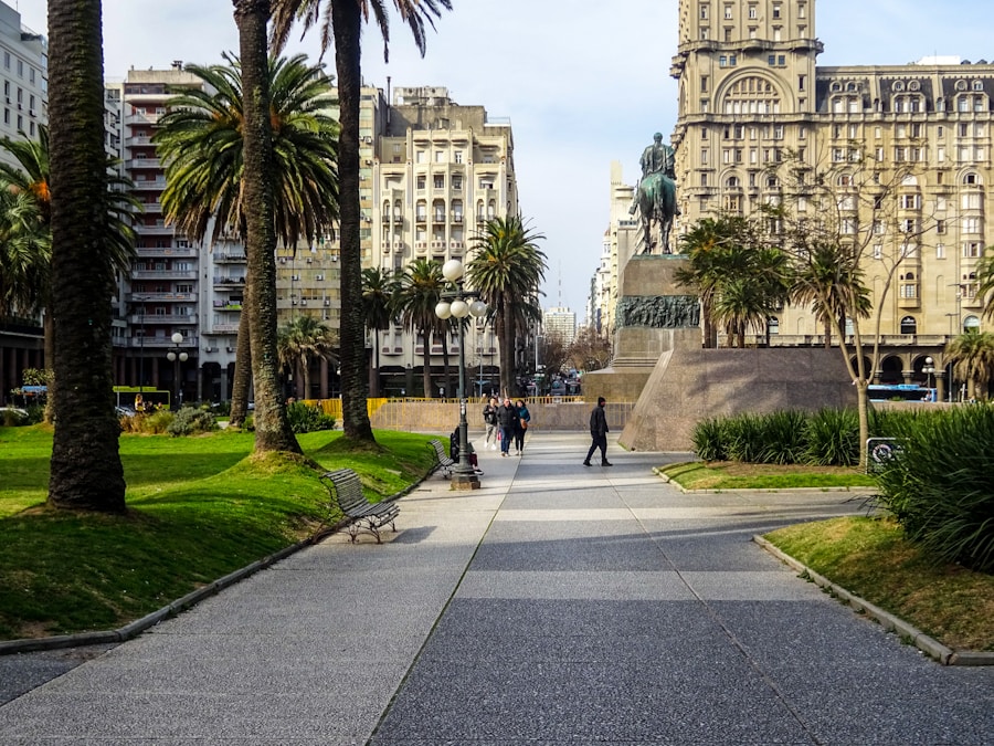 Palm-lined pedestrian rambla in central Montevideo