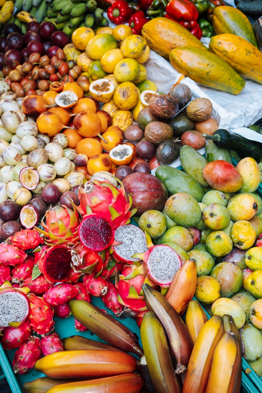 Vibrant outdoor market overflowing with tropical fruit